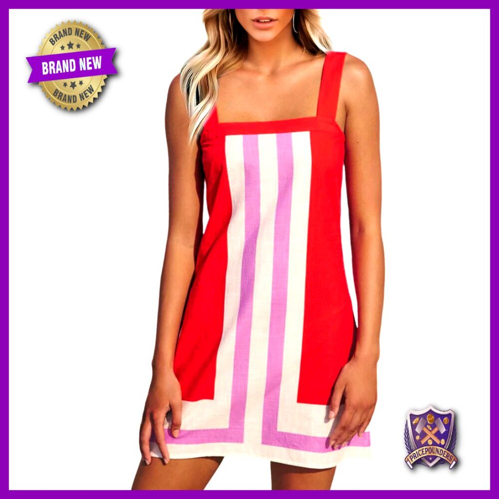 Striped Mini Dress Boho Shoulder Strap Sundress Summer Cover Up